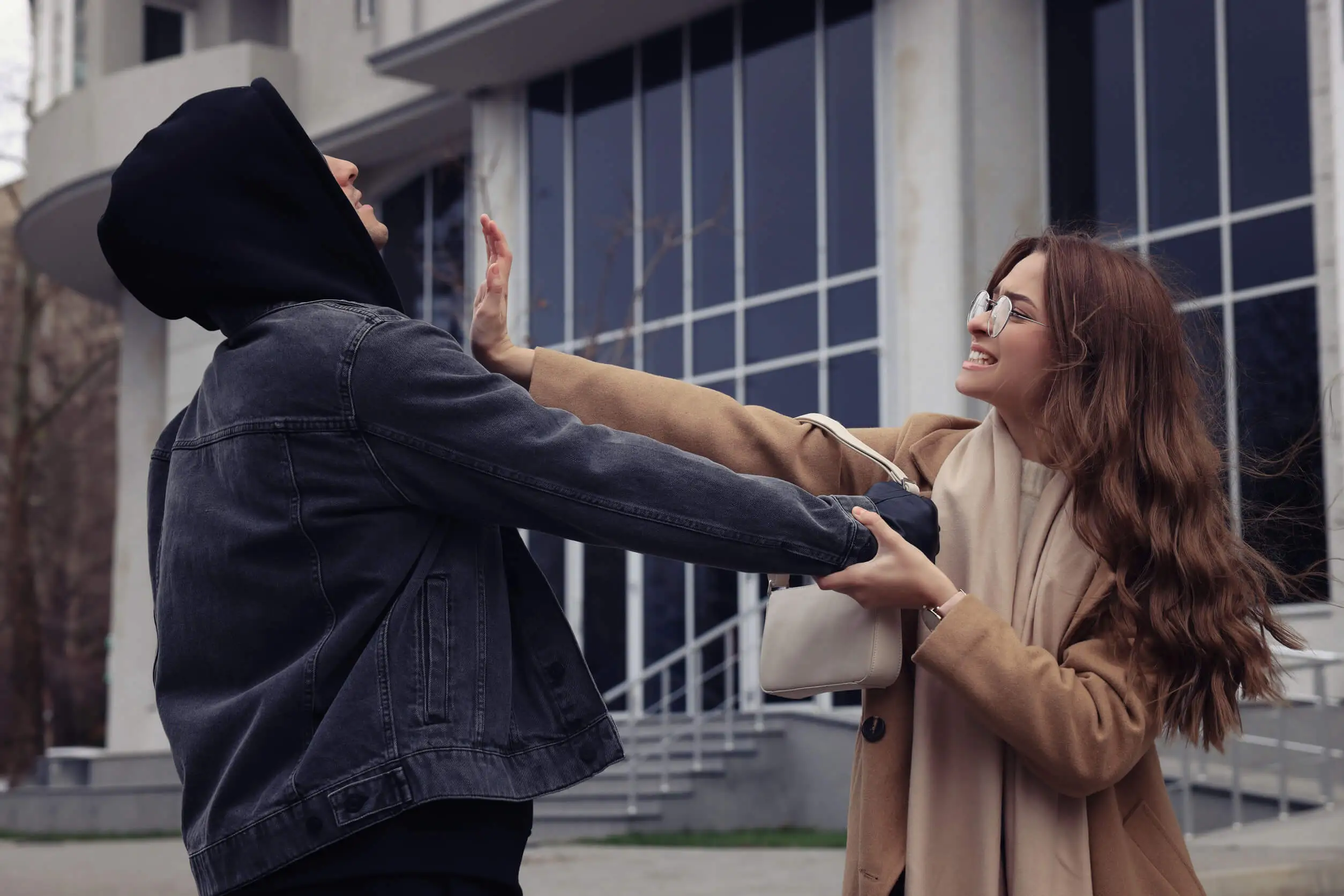 Woman fighting with thief while he trying to steal her bag on city street.