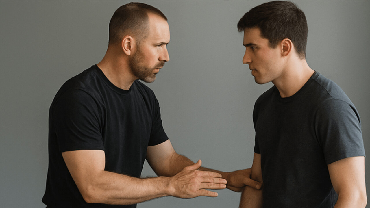 Two men practice self-defense.