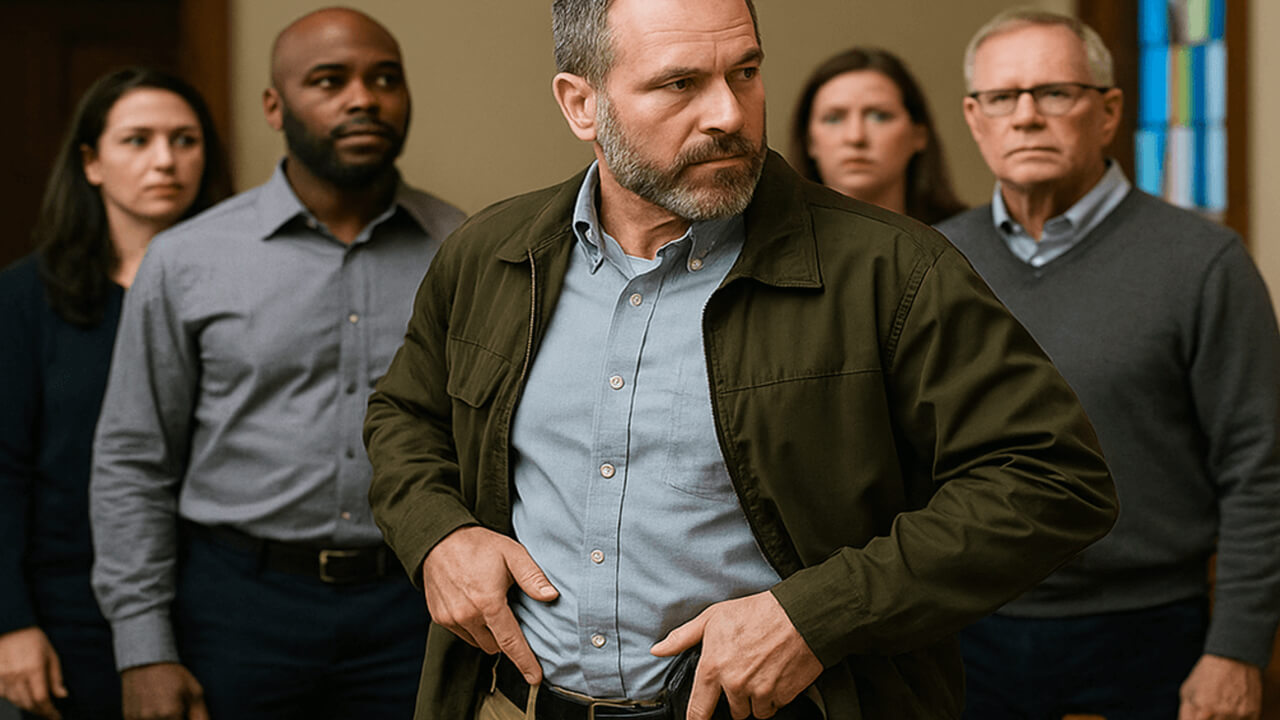 A man draws a gun from a holster under his jacket, with a group of people watching behind him.