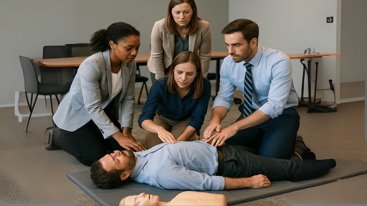 A group of people practice CPR on a dummy during a training session.
