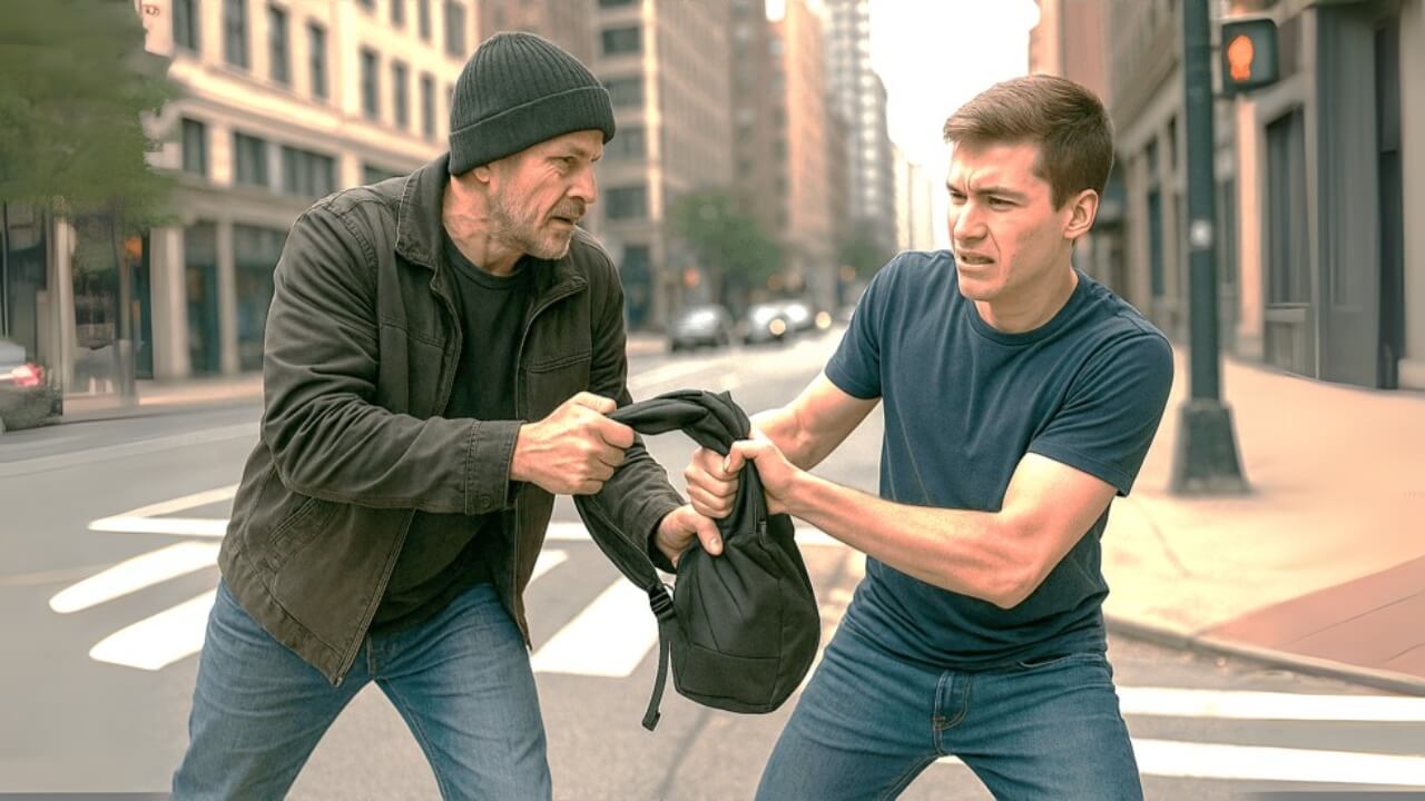 A young man fights off a robber trying to steal his backpack on a city street.