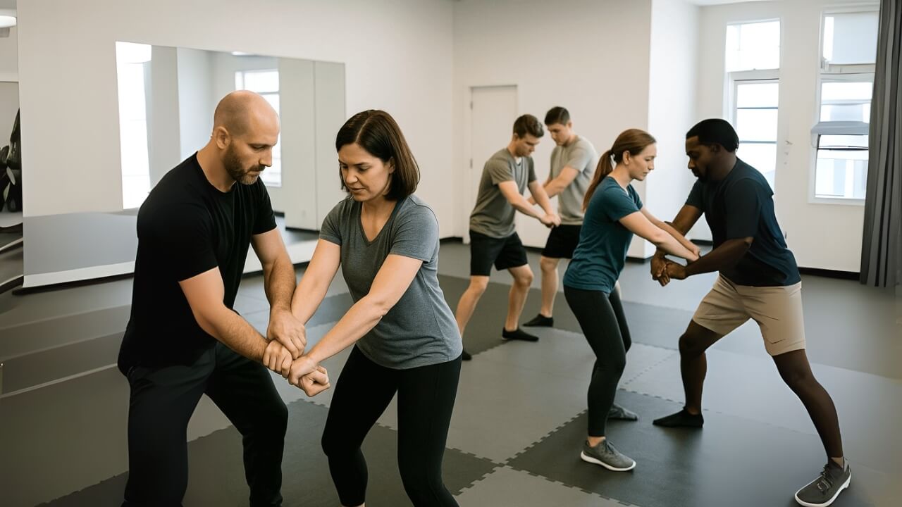 Pairs of people in a studio practice martial arts or self-defense techniques.